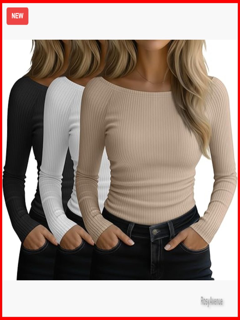 3 Pack Long Sleeve Ribbed Cotton Boat Neck Tops Fitted Tees Basic Casual